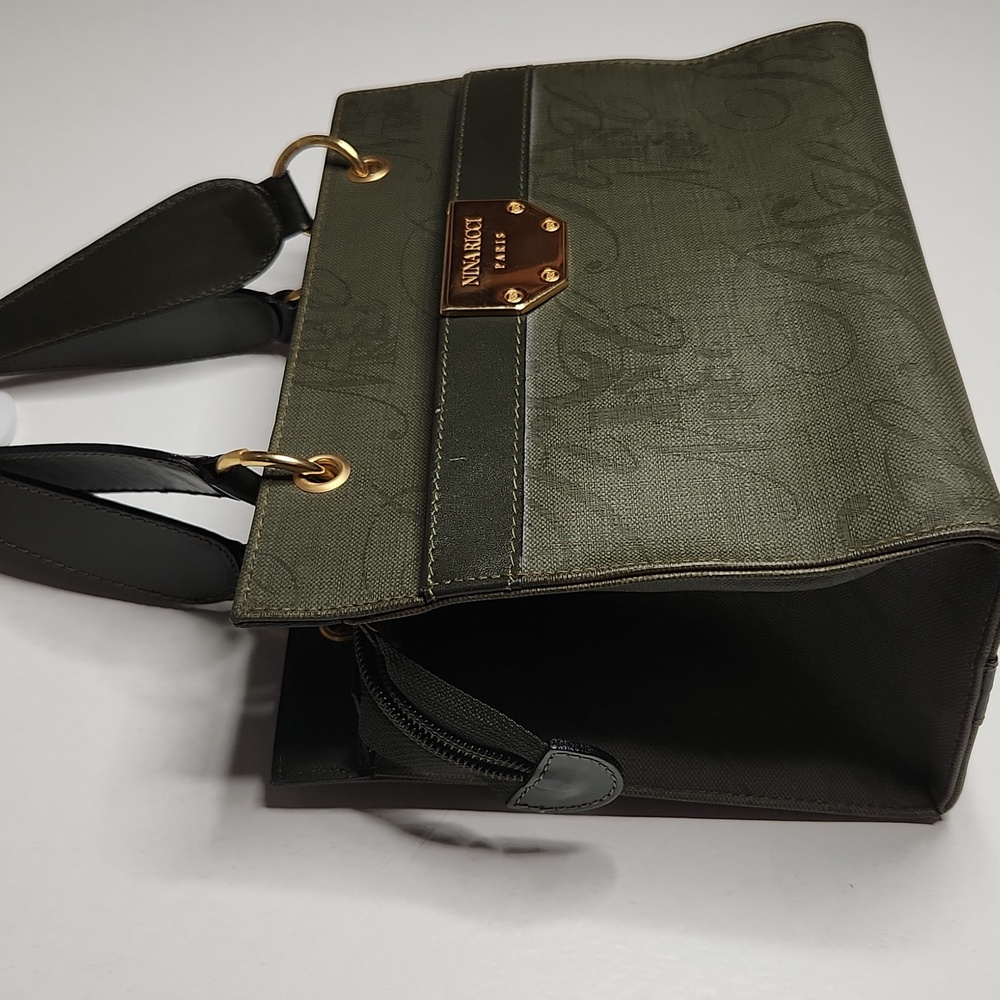 Nina Ricci Olive Green Handbag with Gold Accents